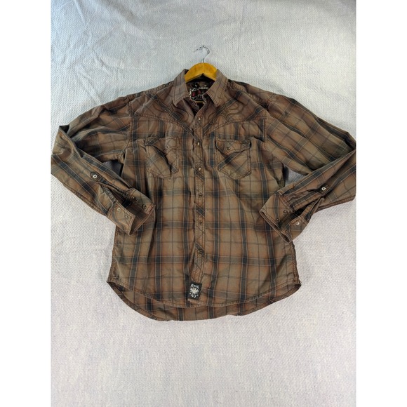 Rock 47 By Wrangler Other - Rock 47 by Wrangler Mens Brown Plaid Western Snap Embroidered Shirt Large